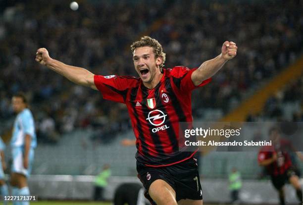 Andrij Ševčenko of AC Milan celebrates after scoring the goal during the Serie A match between SS Lazio and AC Milan at stadio Olimpico in Roma 2006,...