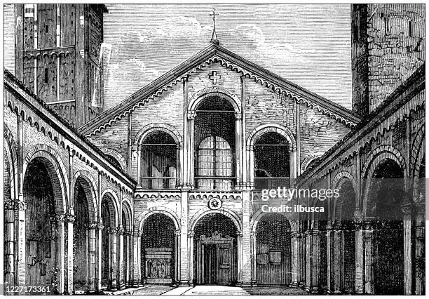 illustrazioni stock, clip art, cartoni animati e icone di tendenza di antique illustration: basilica di sant'ambrogio, milan - tecnica illustrativa