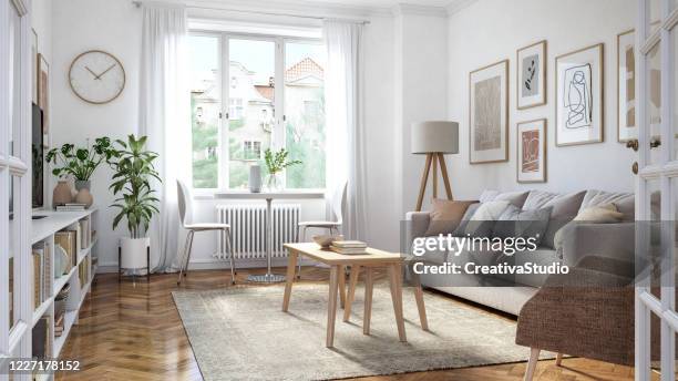 modern living room interior - scandinavian imagens e fotografias de stock