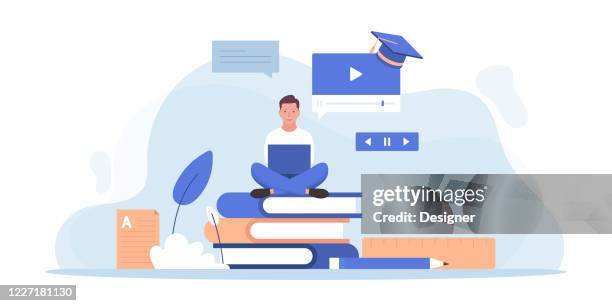 stockillustraties, clipart, cartoons en iconen met online onderwijs en home schooling gerelateerde vector flat illustration design - internet surfen