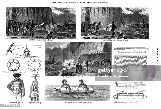 old engraved illustration of apparatus for saving life in case of shipwreck - wrak stock-fotos und bilder