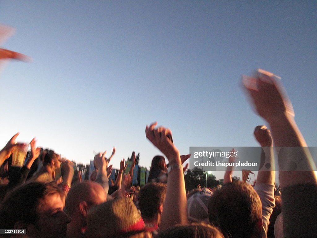 Large crowd with arms in air at music festival