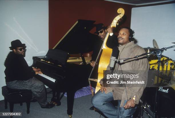 Singer Alexander O'Neal during a recording session with Jimmy Jam on piano and Terry Lewis on bass in Minneapolis, Minnesota in 1988.