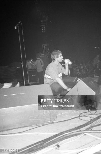 Liam Gallagher of rock band Oasis performs at the Universal Amphitheatre in Los Angeles, California on January 27, 1998.