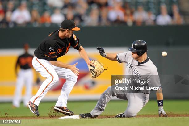 Mark Teixeira of the New York Yankees beats out a throw to J.J. Hardy of the Baltimore Orioles at second base during the first inning of a baseball...