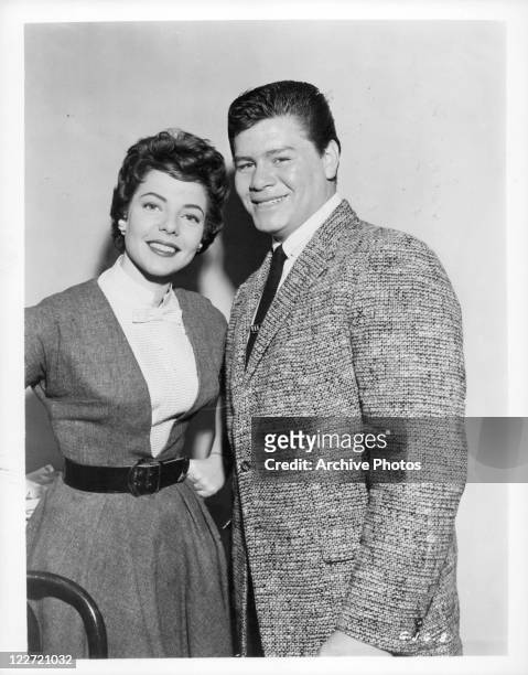 Sandy Stewart And Ritchie Valens stands in portrait in a scene from the film 'Go, Johnny, Go!', 1959.