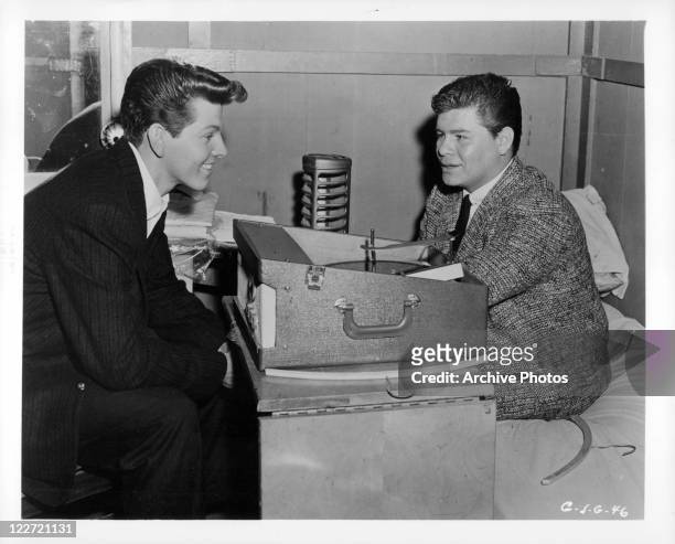 American singers Jimmy Clanton and Ritchie Valens in a scene from the film 'Go, Johnny, Go!', 1959.