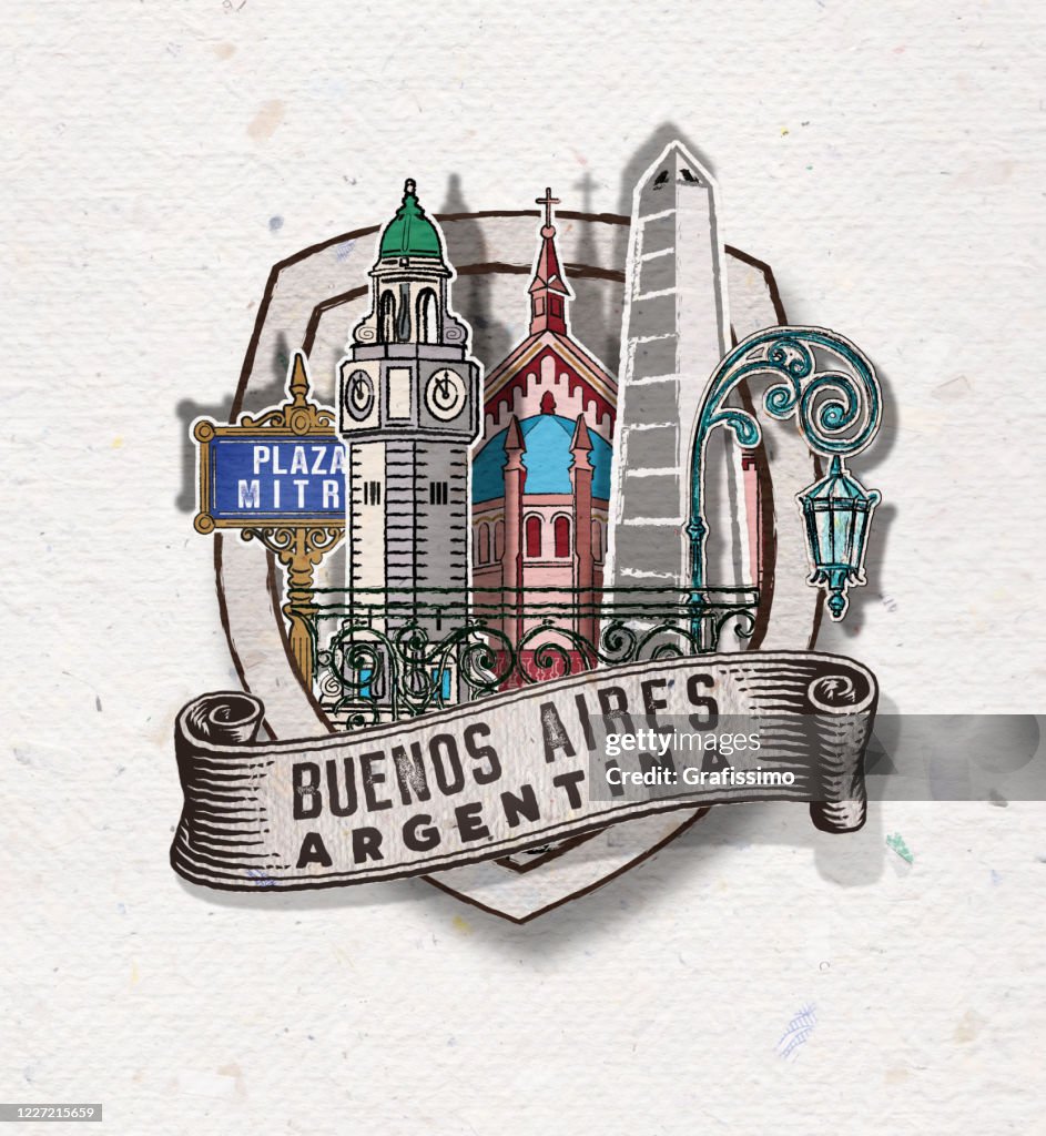 Badge of Buenos Aires Argentina with important buildings and symbols