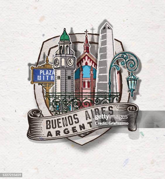 badge of buenos aires argentina with important buildings and symbols - obelisco-de-buenos-aires stock illustrations