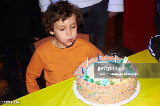 portrait of a little boy blowing out the candles on his birthday cake. he is indoors. - kuchenboden stock-fotos und bilder