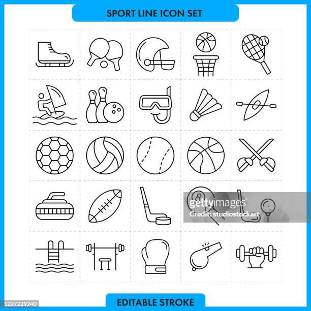 ilustraciones, imágenes clip art, dibujos animados e iconos de stock de conjunto de iconos de línea deportiva. trazo editable - pala de tenis de mesa
