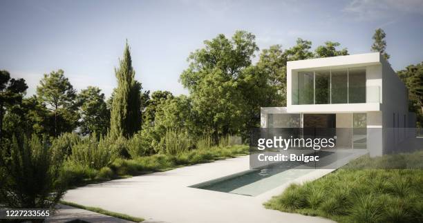 modern minimalist villa - standing water stock pictures, royalty-free photos & images