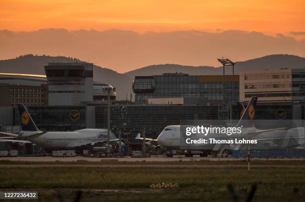 Passenger planes of German airline Lufthansa that have been temporarily taken out of service stand parked at Frankfurt Airport during the coronavirus...