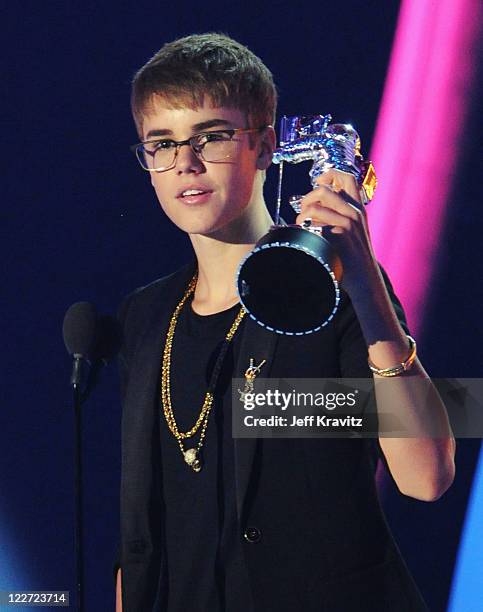 Singer Justin Bieber speaks onstage during the 2011 MTV Video Music Awards at Nokia Theatre L.A. Live on August 28, 2011 in Los Angeles, California.