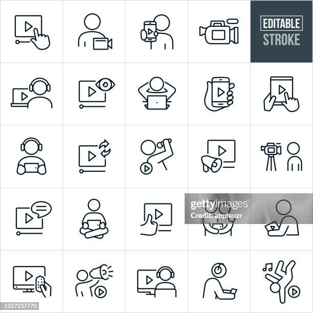 bildbanksillustrationer, clip art samt tecknat material och ikoner med video tunna linje ikoner - redigerbar linje - videokamera