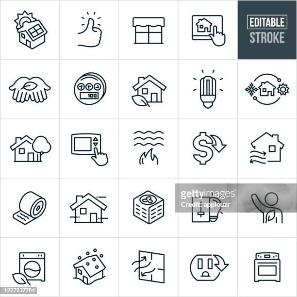 home energy conservation thin line icons - editable stroke - energieindustrie stock-grafiken, -clipart, -cartoons und -symbole