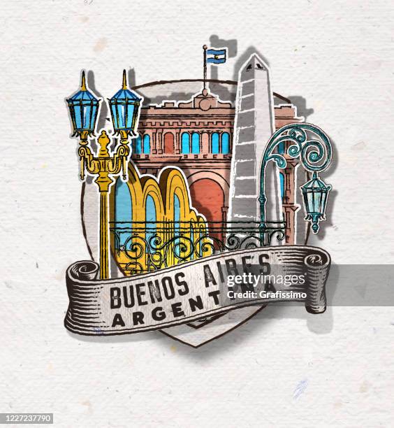abzeichen von buenos aires argentinien mit wichtigen gebäuden und symbolen - obelisk von buenos aires stock-grafiken, -clipart, -cartoons und -symbole