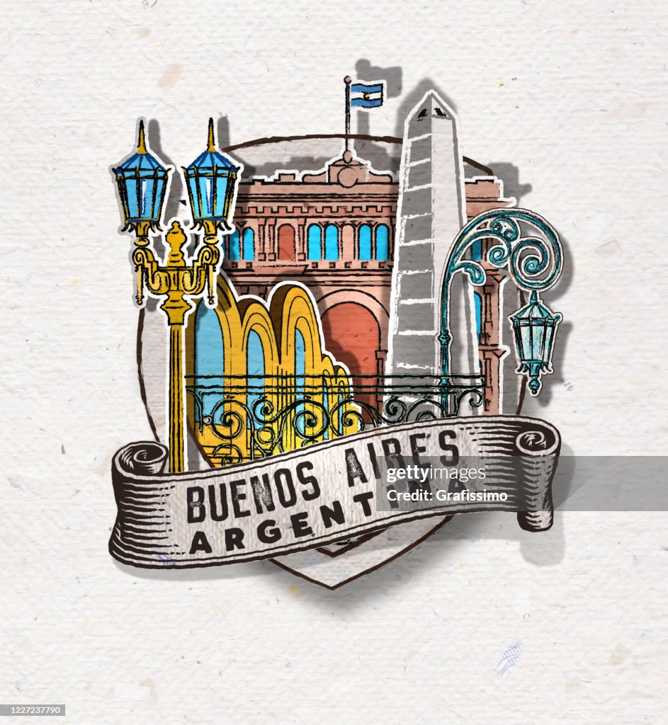 Kenteken van Buenos Aires Argentinië met belangrijke gebouwen en symbolen