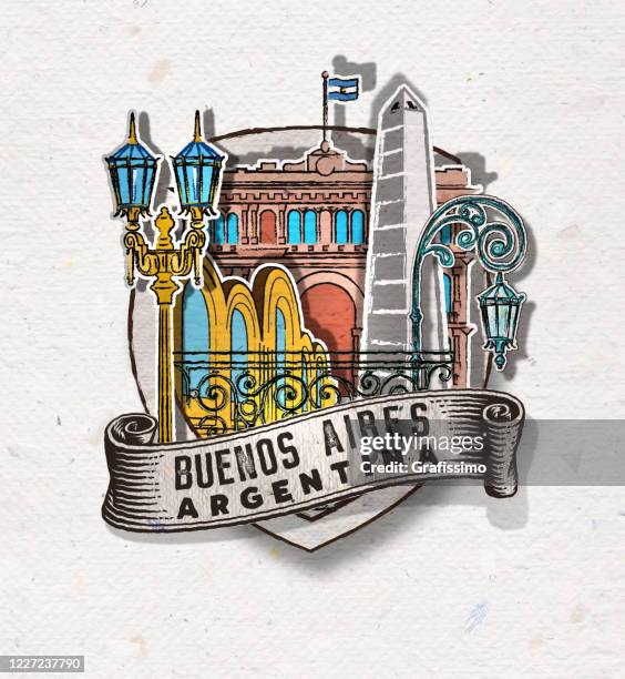 badge of buenos aires argentina with important buildings and symbols - obelisco stock illustrations