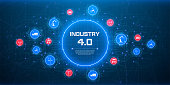 Concept of Industry 4.0. Automation, the flow of the icons, data exchange technology in production. Internet of things (IoT) networking concept for connected devices. Spider web of network connections