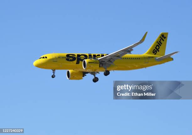Spirit Airlines jet comes in for a landing at McCarran International Airport on May 25, 2020 in Las Vegas, Nevada. The nation's 10th busiest airport...