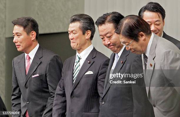 Candidates for Democratic Party of Japan presidential Election Seiji Maehara, Sumio Mabuchi, Banri Kaieda, Yoshihiko Noda and Michihiko Kano line up...