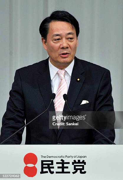 Former Economy, Trade and Industry Minister Banri Kaieda speaks during the Democratic Party of Japan Presidential Election debate on August 28, 2011...