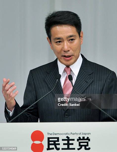 Former Foreign Minister Seiji Maehara speaks during the Democratic Party of Japan Presidential Election debate on August 28, 2011 in Tokyo, Japan.