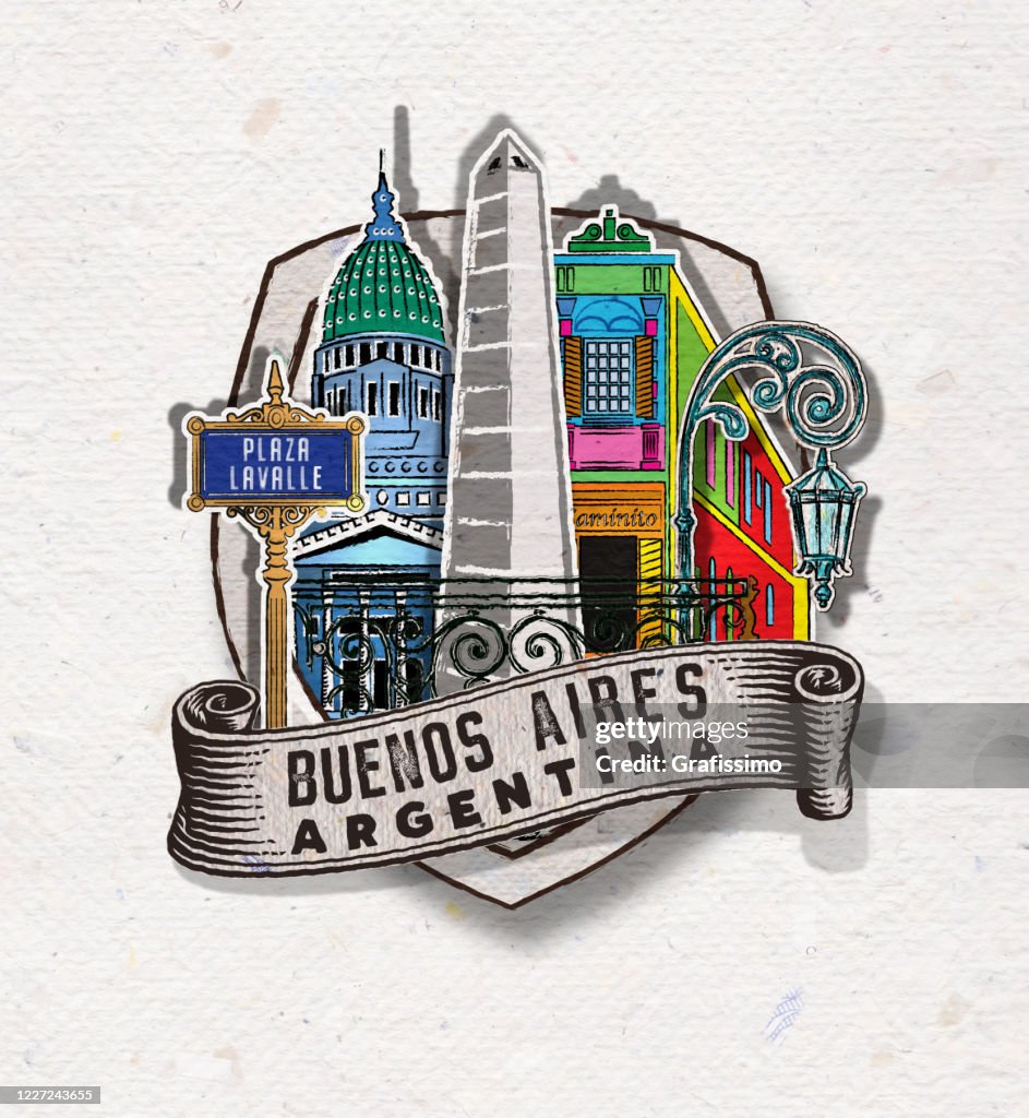 Badge of Buenos Aires Argentina with important buildings and symbols