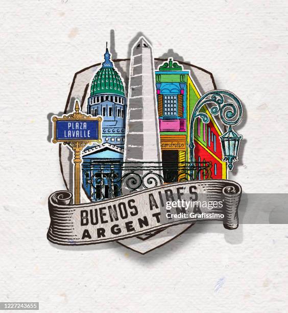 badge of buenos aires argentina with important buildings and symbols - obelisco-de-buenos-aires stock illustrations