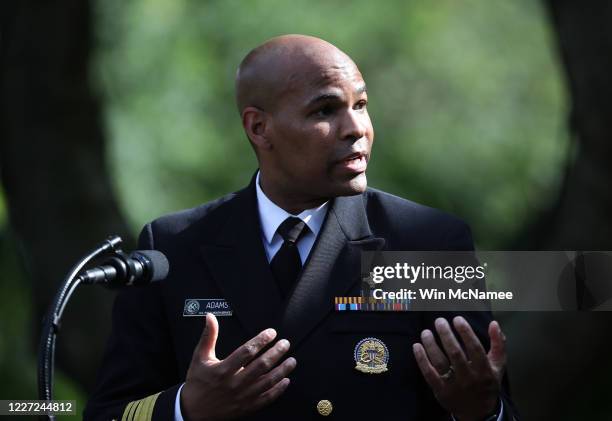 Surgeon General Jerome Adams speaks during an event on protecting seniors with diabetes, in the Rose Garden at the White House on May 26, 2020 in...