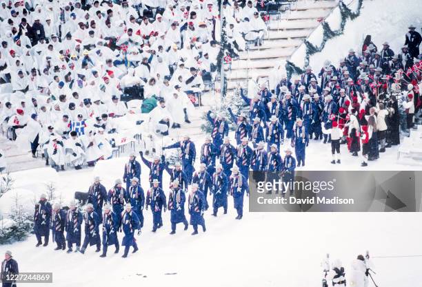 The United States Olympic team enters the arena during the Opening Ceremony of the Winter Olympics on February 12, 1994 at the Lysgardsbakken Ski...