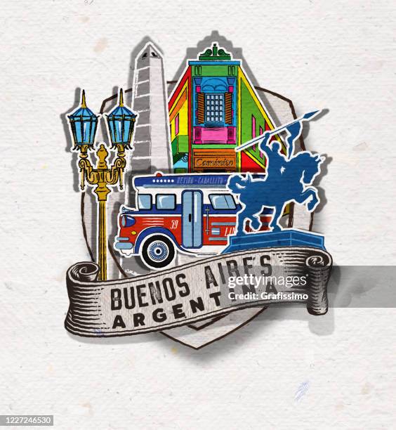badge of buenos aires argentina with important buildings and symbols - obelisco-de-buenos-aires stock illustrations