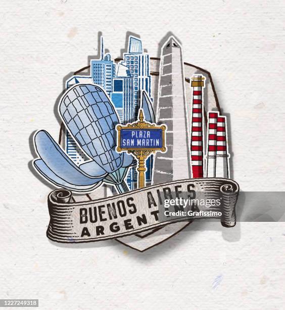 badge of buenos aires argentina with important buildings and symbols - buenos aires puerto madero stock illustrations