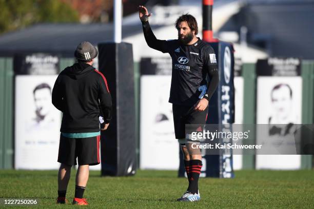 Samuel Whitelock reacts during a Crusaders Super Rugby training session at Rugby Park on May 27, 2020 in Christchurch, New Zealand.