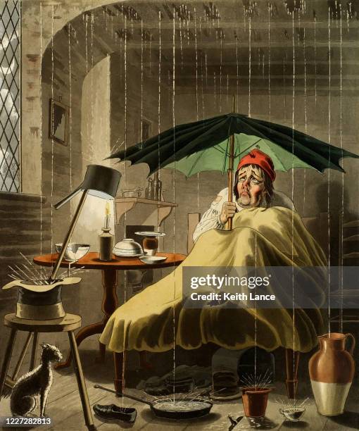 stockillustraties, clipart, cartoons en iconen met mens met paraplu onder een lekkend dak - broken umbrella