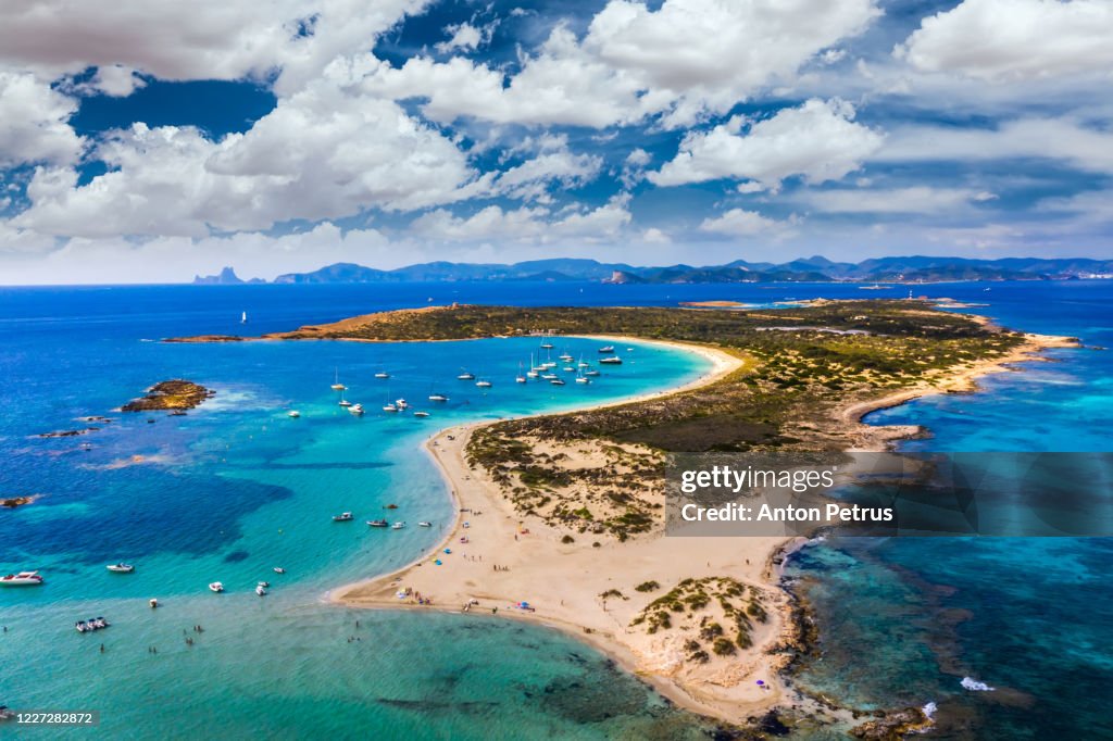 Aerial view of Espalmador island with turquoise water. Balearic Islands, Spain