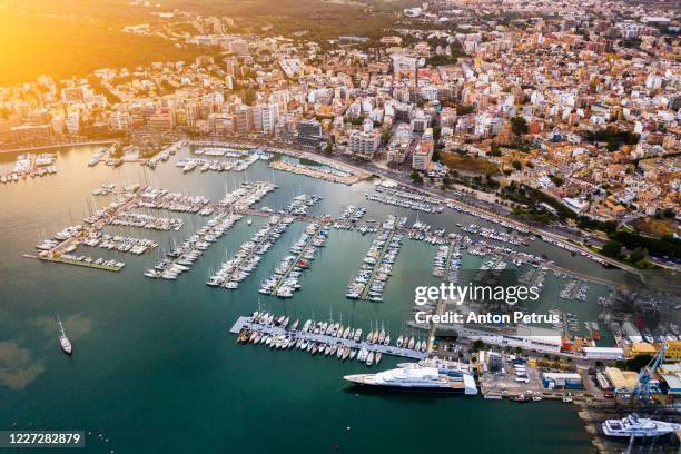 aerial view of marina in palma de mallorca at sunset. mallorca, spain - palma mallorca stock pictures, royalty-free photos & images
