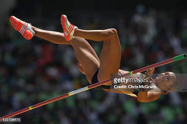 Jessica Ennis of Great Britain competes in the high jump in the women's heptathlon during day three of the 13th IAAF World Athletics Championships at...