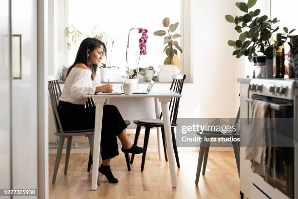 woman working from her dining room table at home - makeshift kitchen stock pictures, royalty-free photos & images