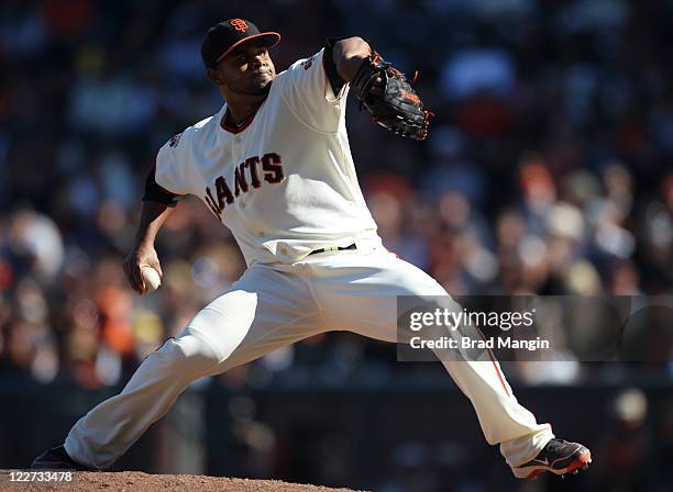 Ramon Ramirez of the San Francisco Giants pitches against the Houston Astros during the game at AT&T Park on August 28, 2011 in San Francisco,...