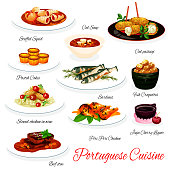 Portuguese cuisine meals, vector menu