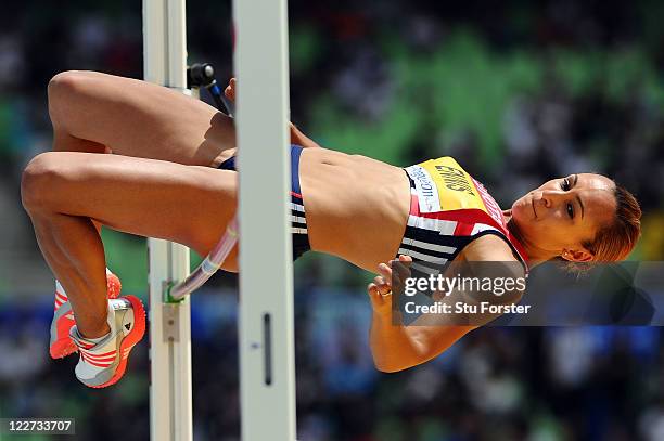 Jessica Ennis of Great Britain competes in the high jump in the women's heptathlon during day three of the 13th IAAF World Athletics Championships at...