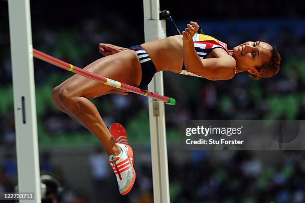 Jessica Ennis of Great Britain competes in the high jump in the women's heptathlon during day three of the 13th IAAF World Athletics Championships at...