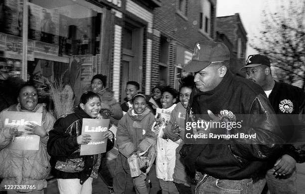 Rapper Luther Campbell, formerly of 2 Live Crew arrives at Fletcher's One Stop to the delight of his young fans in Chicago, Illinois in February 1992.