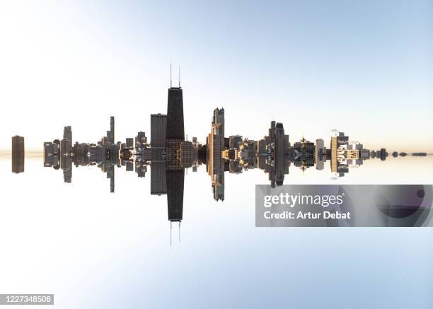 mirage reflection of chicago skyline with minimal and surreal mirror effect. - lac reflection lake photos et images de collection