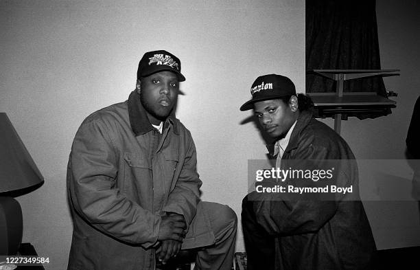 Rappers MC Ren and Eazy-E poses for photos backstage at the Regal Theater in Chicago, Illinois in November 1992.