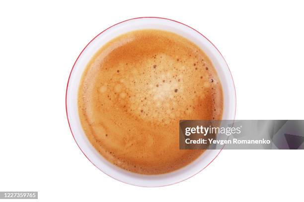 top view on cup of espresso coffee, isolated on white background - latte stock pictures, royalty-free photos & images