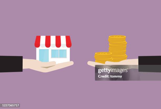 businessman exchange between shop and money - small business owners illustration stock illustrations