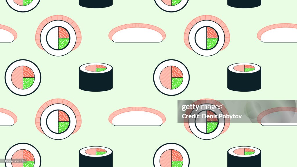 Minimalistic seamless illustration of rolls and sushi.